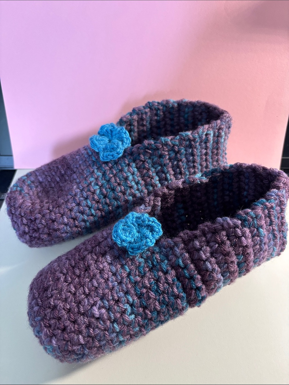 Hand-Crocheted Purple Women's Slippers with Blue Accent Flower
